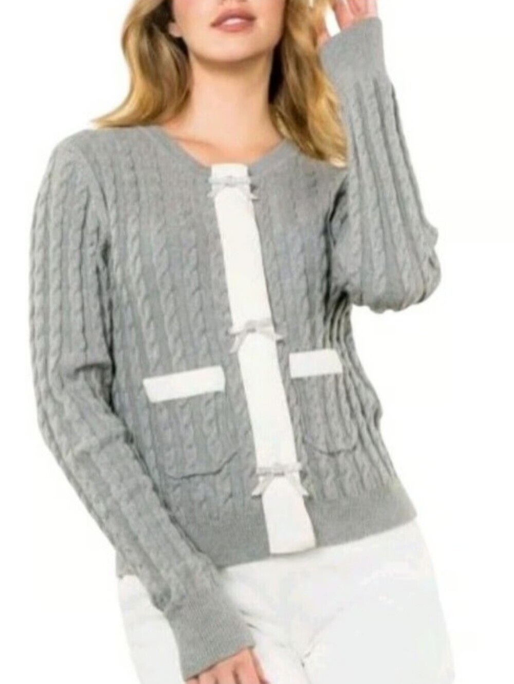 Anthropologie THML Gray Cream Cable Knit Rhinestone Bow Front Cardigan Large